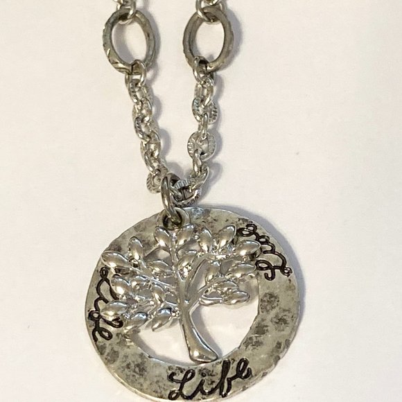 Tree of Life Pendant Necklace 18-21" Chain Message LIFE Silver Tone Serenity - Picture 5 of 11